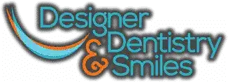 Designer & Dentistry Smiles logo with curved teal swoosh and orange text design