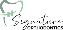 Signature Orthodontics logo featuring stylized tooth icon with green accent and script text.