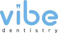 Vibe Dentistry logo in blue with stylized tooth icon and text.